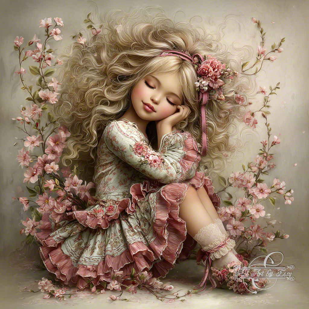 Sleeping Girl with Pink Flowers