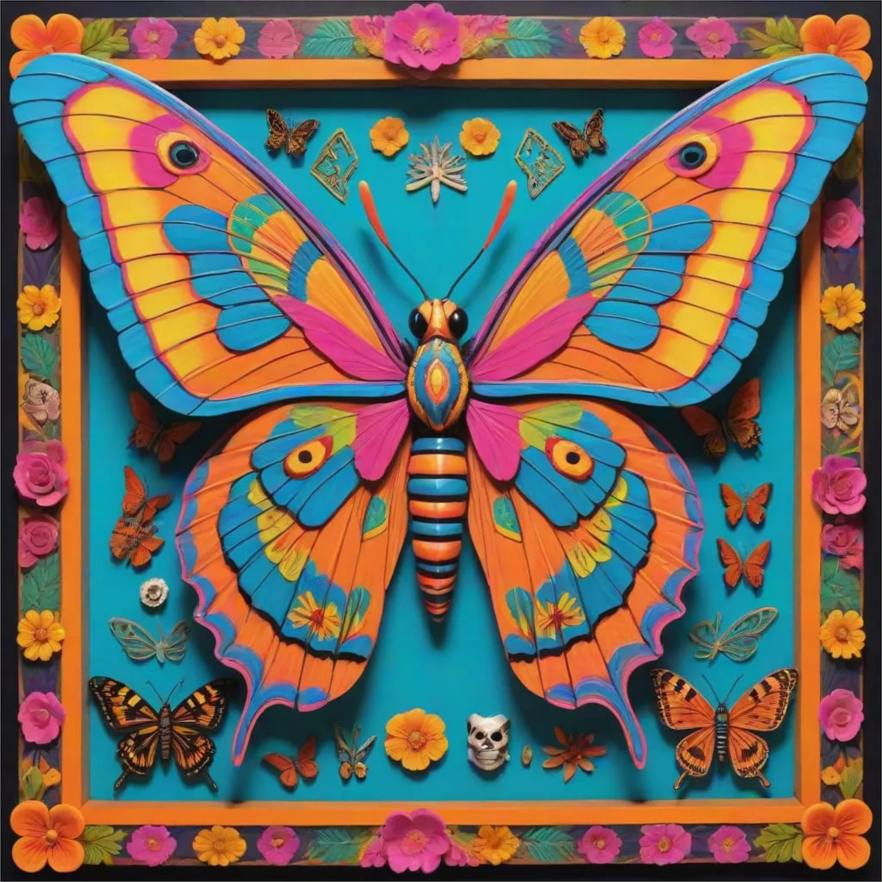 Colorful symmetrical butterfly with geometric rainbow wings and floral border on turquoise background