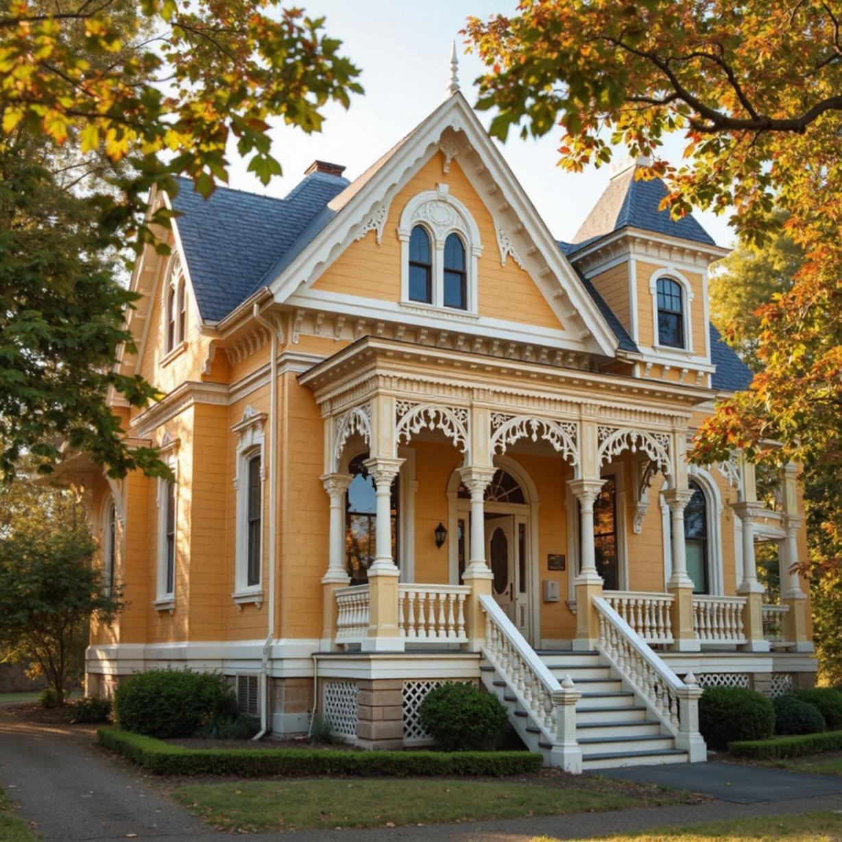Yellow Victorian mansion with white ornate porch and balustrade surrounded by fall trees
