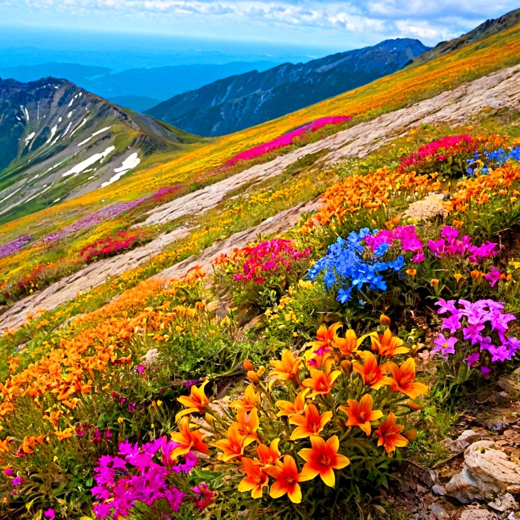 Colorful wildflowers covering a mountainside with peaks in the background