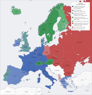 Colored political map of Europe showing Cold War-era divisions between western and eastern blocs