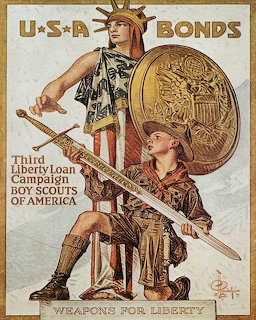 Vintage poster with Lady Liberty and a Boy Scout holding a sword and shield