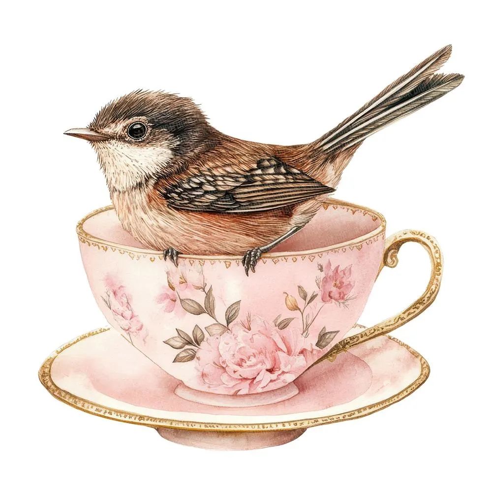 Small brown bird sitting in a pink floral teacup on a matching saucer