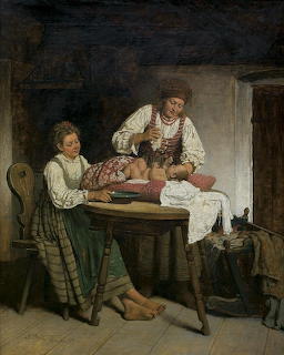 Painting of two women tending to a child on a table in a rustic room