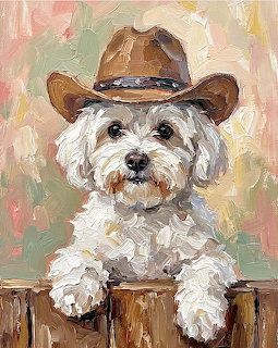 White fluffy dog wearing brown cowboy hat leaning on wooden fence, oil painting style