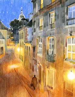 Watercolor painting of a rainy European street at night with warm glowing lamps and a solitary figure