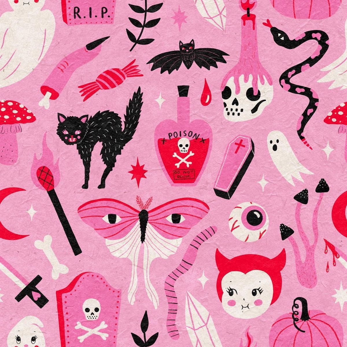 Pink background with Halloween icons: black cats, white ghosts, skulls, potion bottles, bats, and snake in repeating pattern