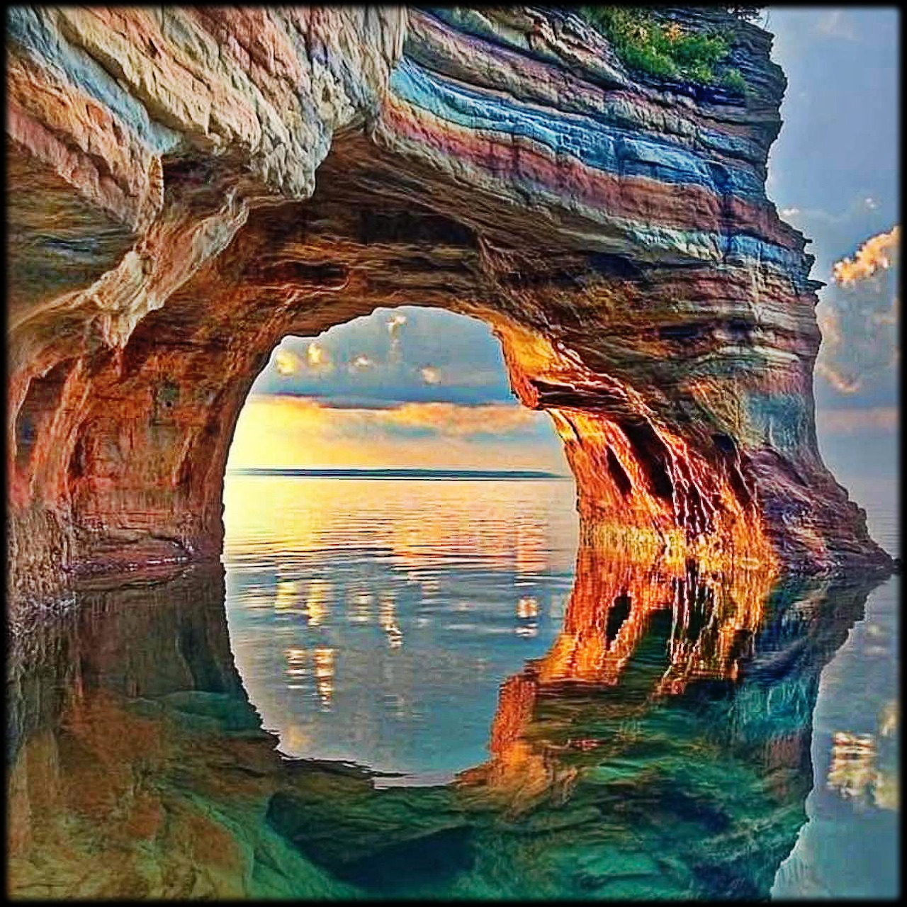 Colorful sea arch and layered rock cliffs reflected in calm ocean water at sunset