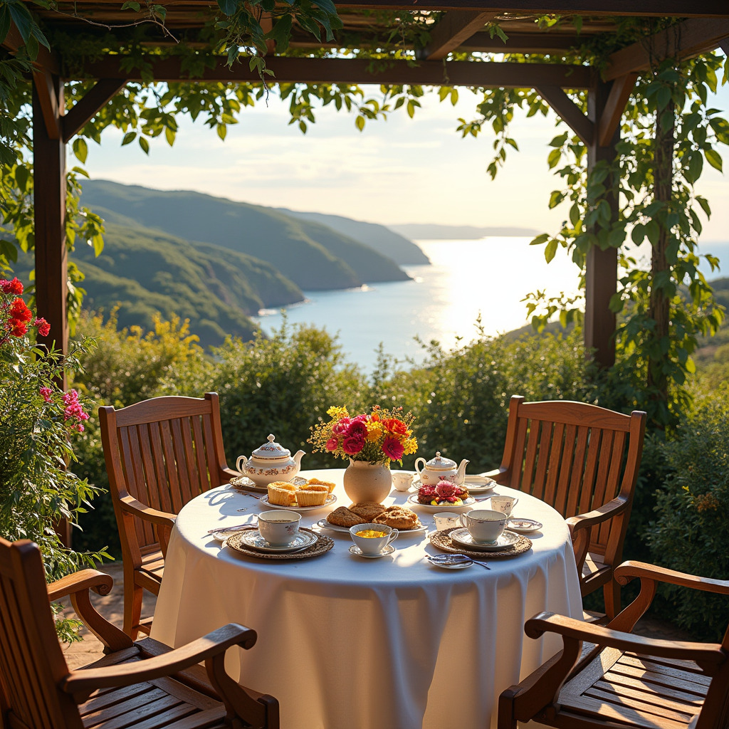 Round table set for breakfast on a wooden terrace overlooking a lake surrounded by mountains