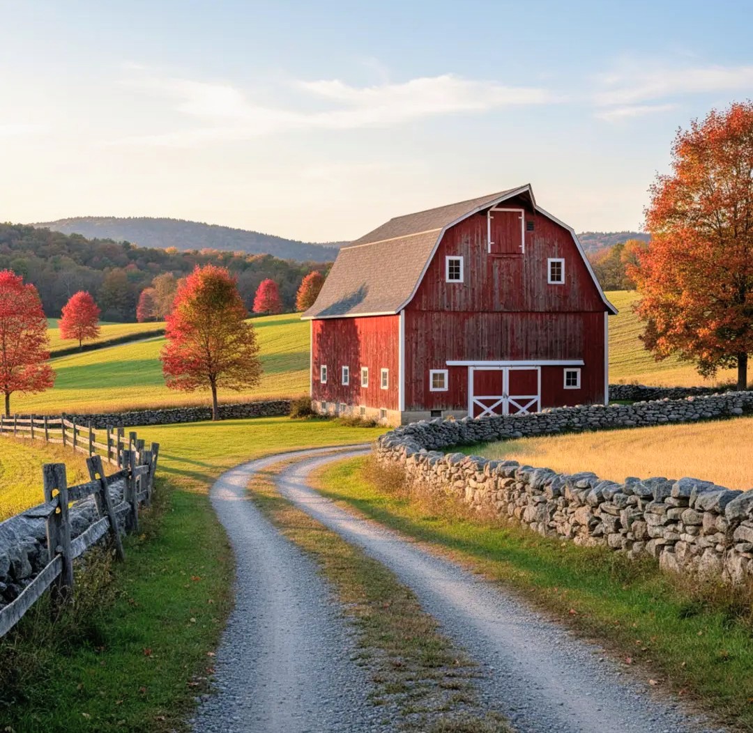 Red barn along a winding country road with autumn trees, stone walls, and hills