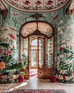 Elegant Art Nouveau entrance with floral murals, arched wooden doors, and painted ceiling with pink flowers