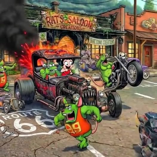Cartoon rats around a flaming hot rod on a Route 66 street with motorcycles and old storefronts