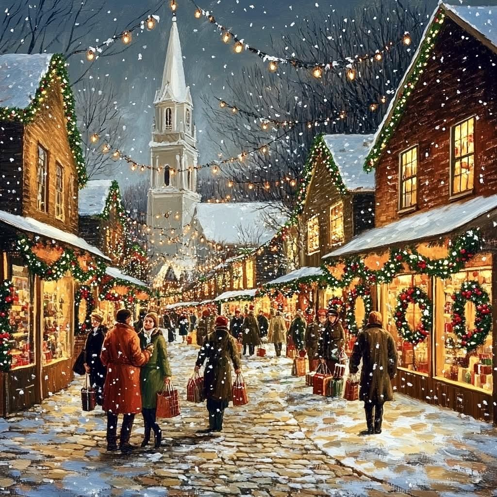 Snowy Christmas market street with lit stalls, decorated trees, church tower, and shoppers in winter village scene