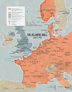 Historical map showing the Atlantic Wall German coastal defenses in Europe dated June 5 1944
