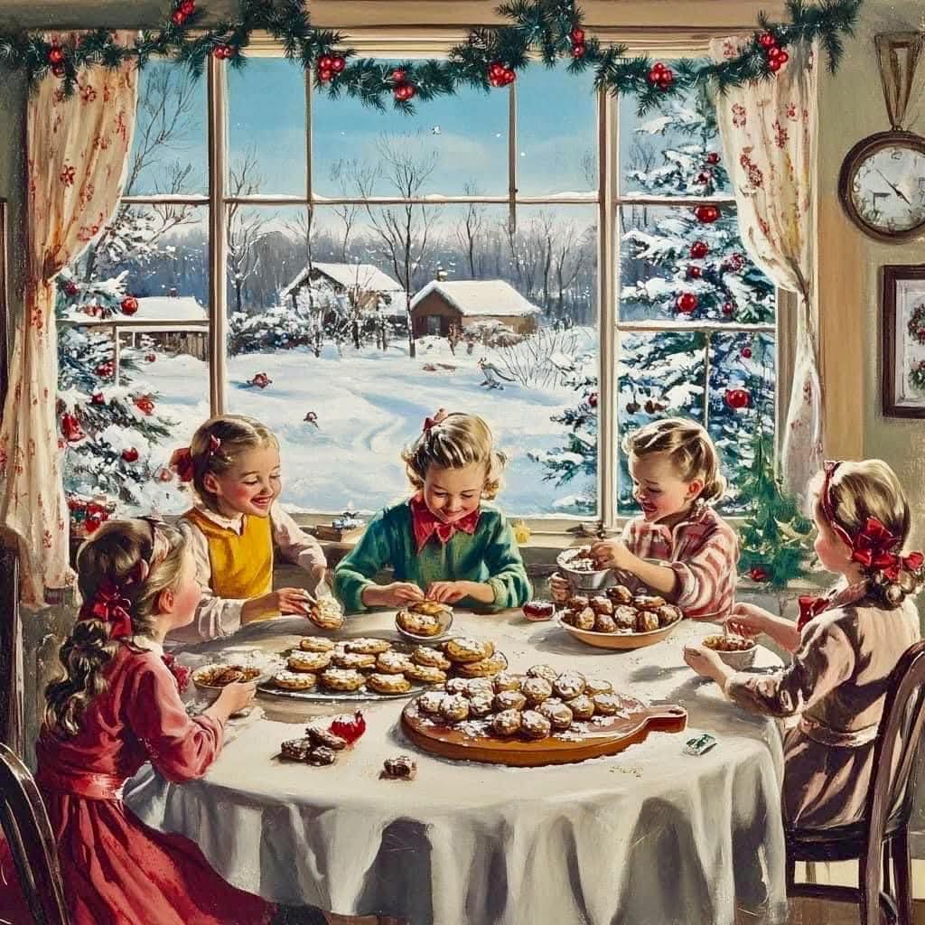 Children decorating Christmas cookies at table by window overlooking snowy cottage scene with festive garland above