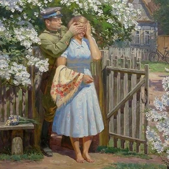 Painting of soldier covering woman's eyes in blooming garden with white flowers and cottage background