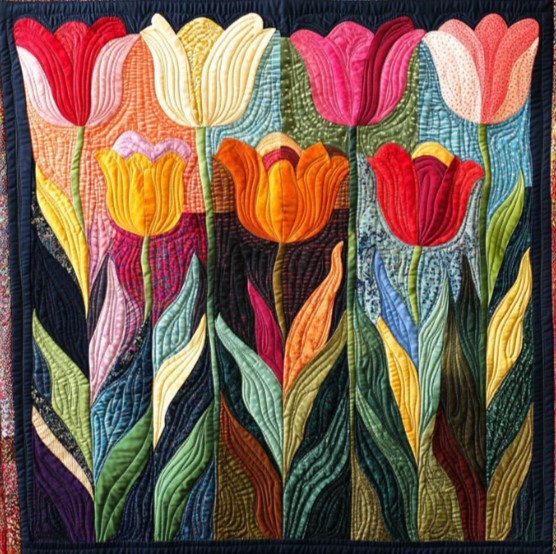 Quilted fabric artwork showing nine colorful tulips in various shades with green stems on dark background