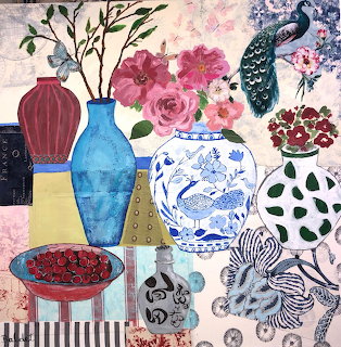 Mixed media still life painting with vases, flowers, cherries, and peacock on pink patterned background