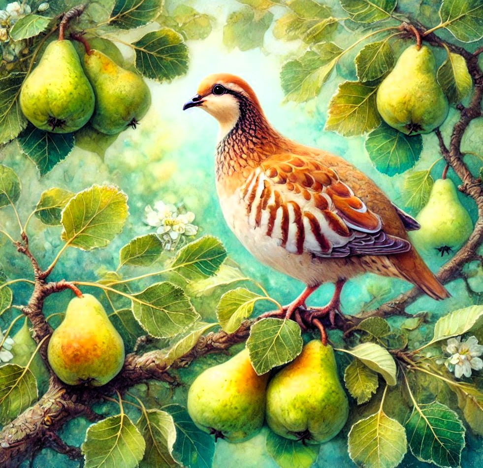 Partridge bird sitting on branch with yellow pears and green foliage