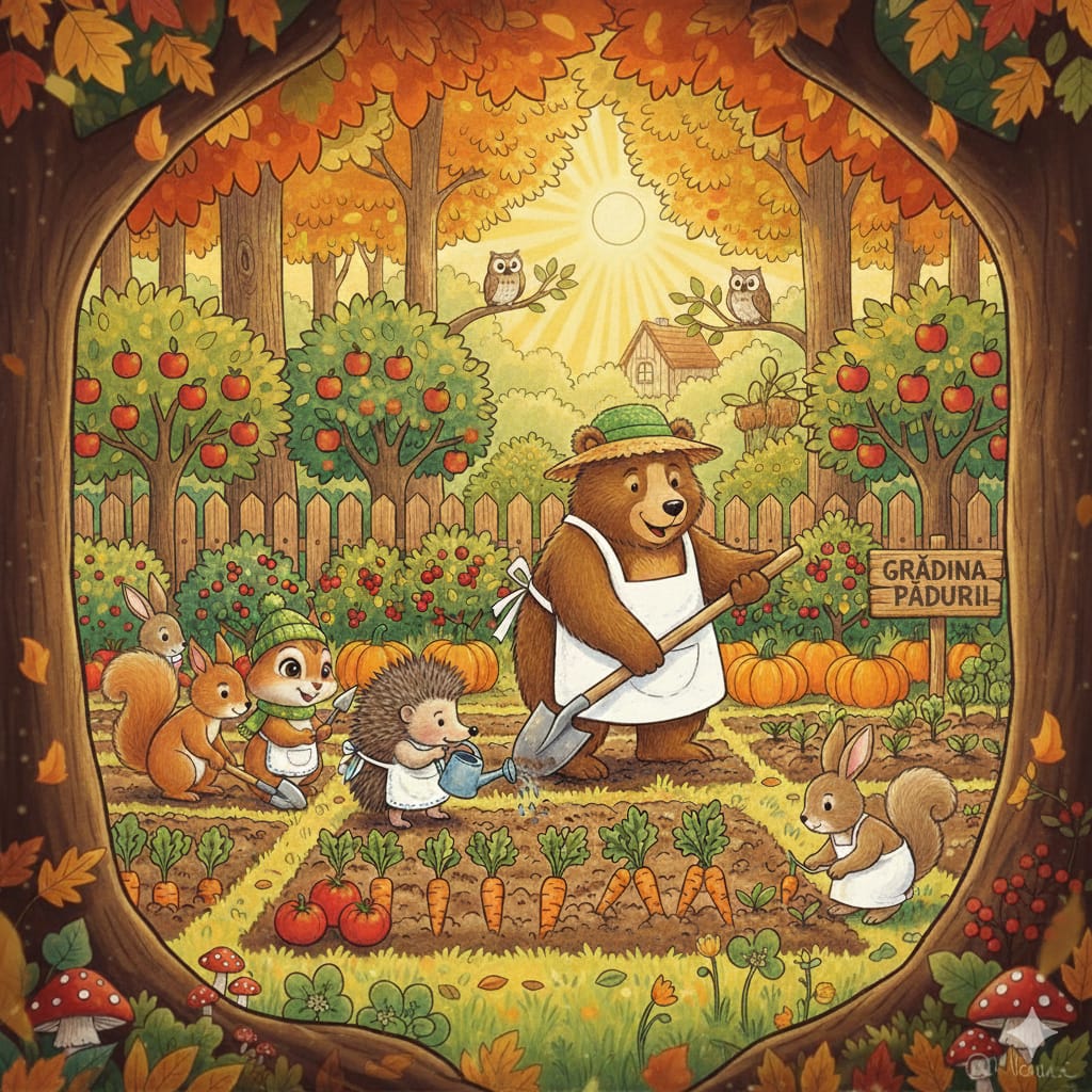 Bear in white shirt gardening in forest clearing with rabbits, hedgehogs, ducks and autumn trees