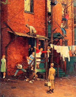 Norman Rockwell painting of neighbors gathered around a red brick building with children in a tree and hanging laundry