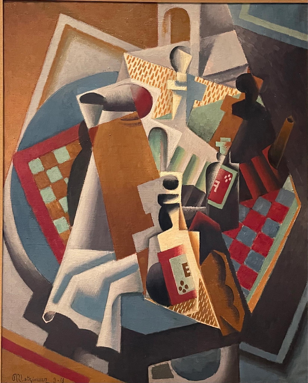 Cubist still life painting with bottles, cups, and geometric shapes by Jean Metzinger