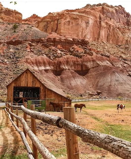 Rustic barn, wooden fence, horses, and red rock cliffs in a dry field
