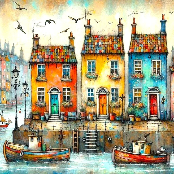 Three bright cottages in orange, yellow, and blue beside boats at a waterfront with birds flying in the sky