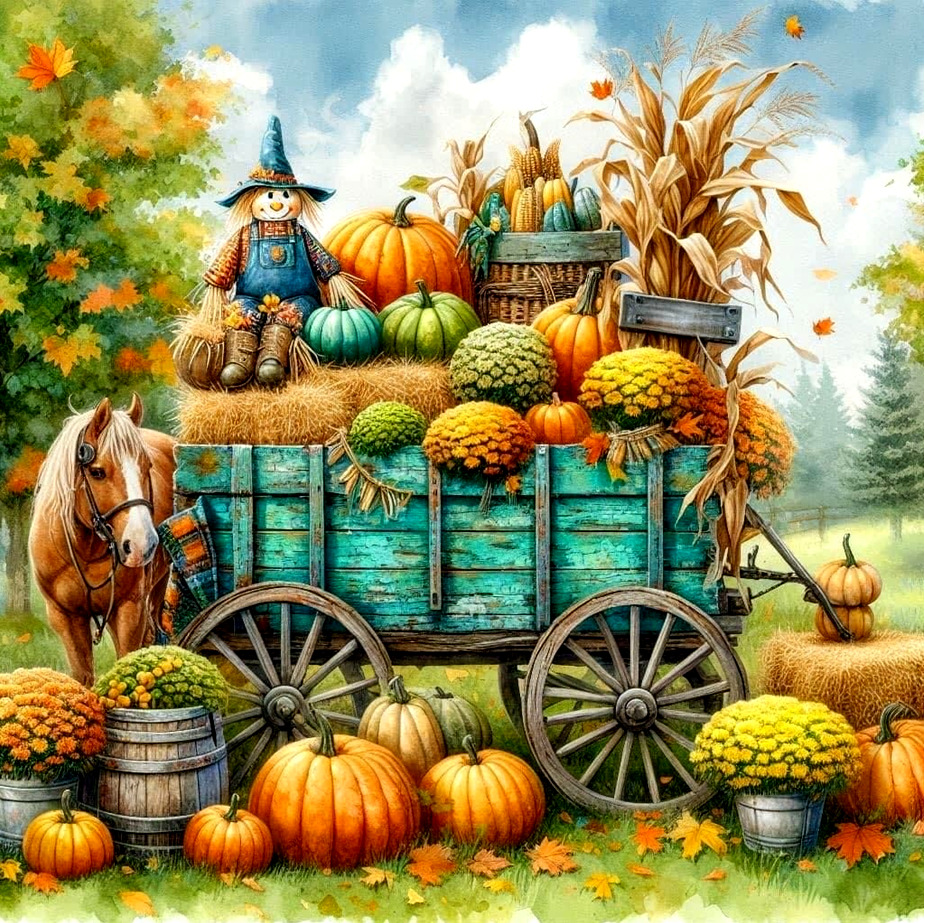 Turquoise wagon filled with pumpkins, gourds, and autumn decorations beside a horse and scarecrow in fall setting