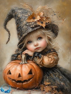 Cute doll in gray witch hat and costume holding orange Halloween pumpkin