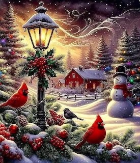 Snowy Christmas illustration with a lamppost, snowman, red cardinals, and a cottage in a winter forest