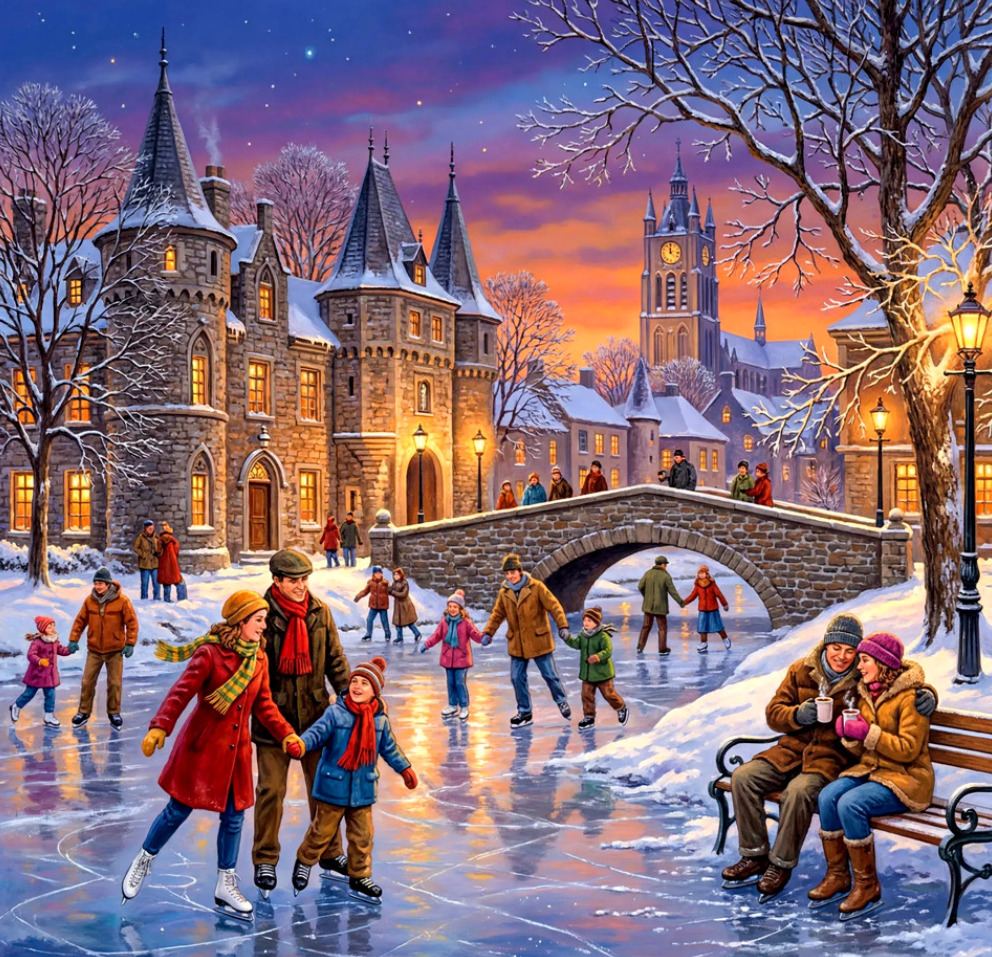 People ice skating on frozen canal near castle with sunset sky and snow-covered buildings