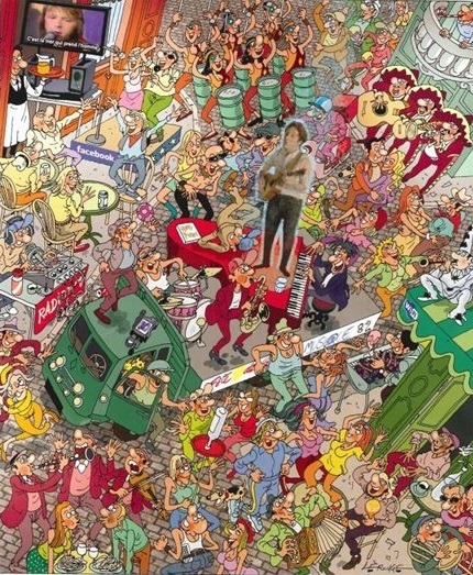 Dense illustrated scene showing a crowded music parade with many colorful characters, instruments, and festive chaos