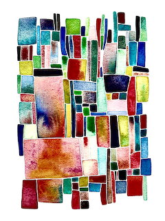 Abstract watercolor painting of colorful overlapping rectangular shapes in various sizes
