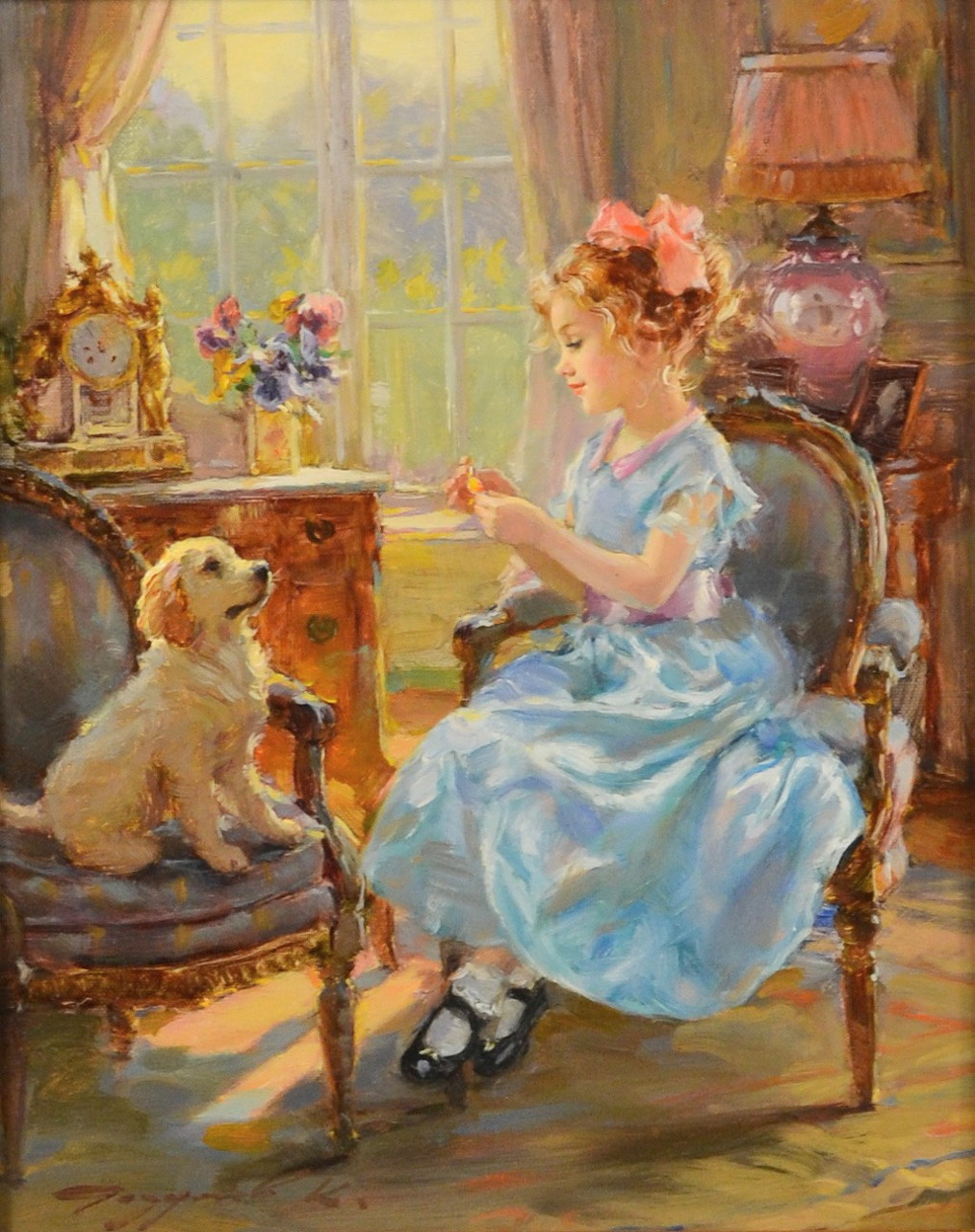 Girl in blue dress giving treat to white puppy in sunlit room, vintage painting style