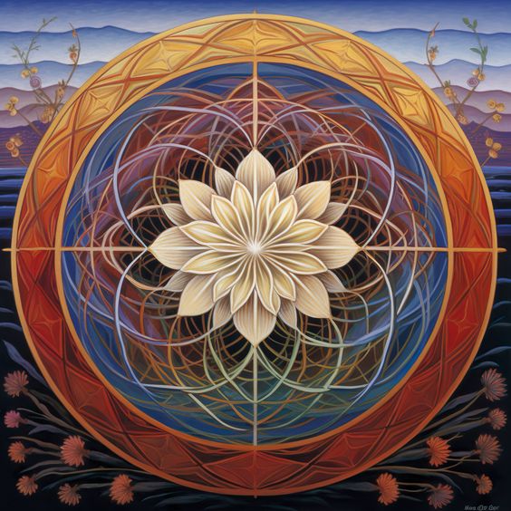 Detailed mandala with lotus center, geometric circles, and ornamental border in orange, blue, and earth tones