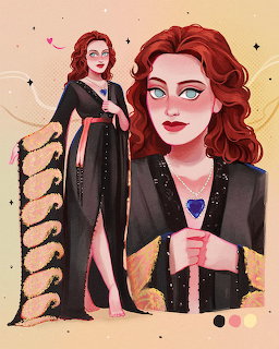 Illustrated red-haired woman in black gown holding blue heart necklace with portrait close-up