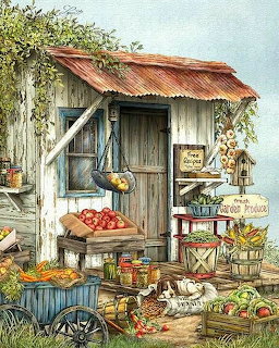 Rustic wooden shed with corrugated metal roof, wooden door, and garden produce displayed on tables and baskets outside