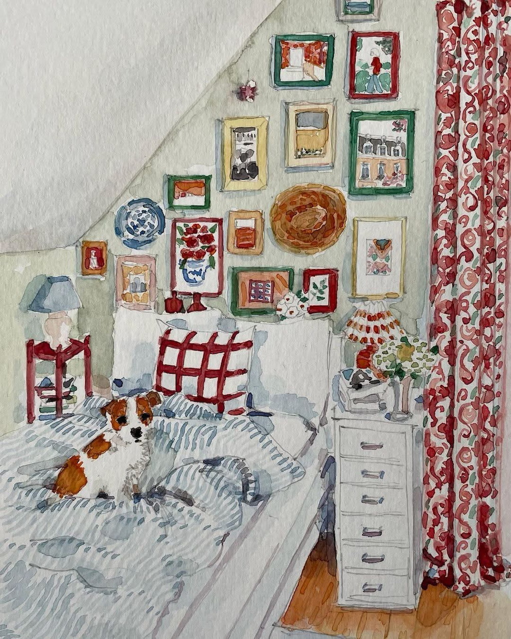 Naive-style painting of a bedroom with a dog on a white bed, framed wall art, and red curtains