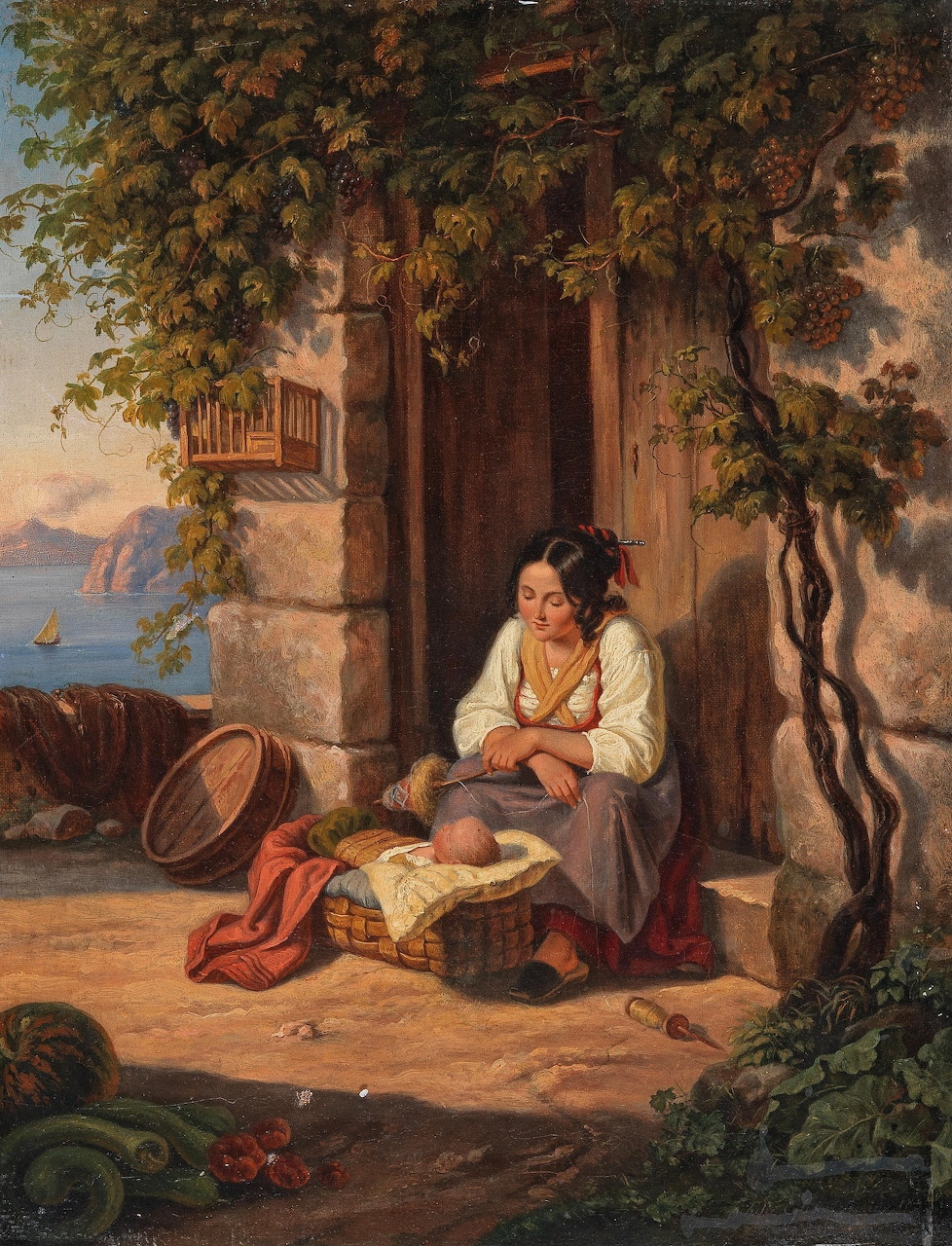 Woman in traditional dress cradling infant beside rustic doorway with trees and sea view