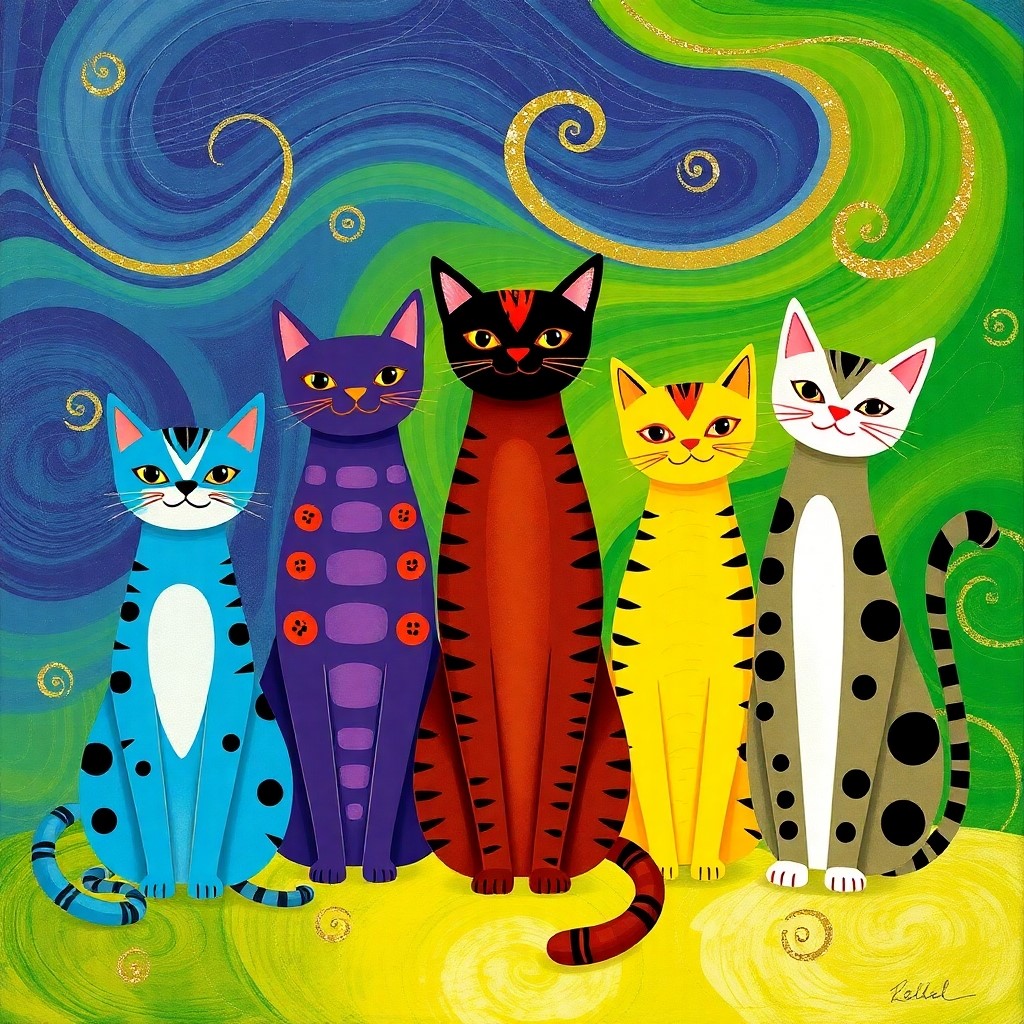Five colorful abstract cats with patterns sitting side by side against swirling blue and green background