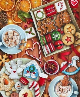 Christmas cookies, hot chocolate with marshmallows, candy canes, and holiday treats on wooden table