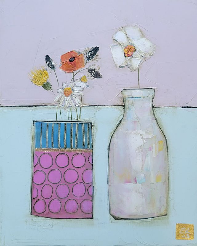 Painting of two vases with flowers on a blue surface against a lavender wall