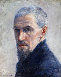 Oil painting self-portrait of a grey-haired man with short beard in a dark blue coat