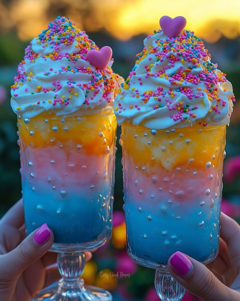 Two rainbow layered dessert drinks with whipped cream, sprinkles, and purple heart toppers held in hands