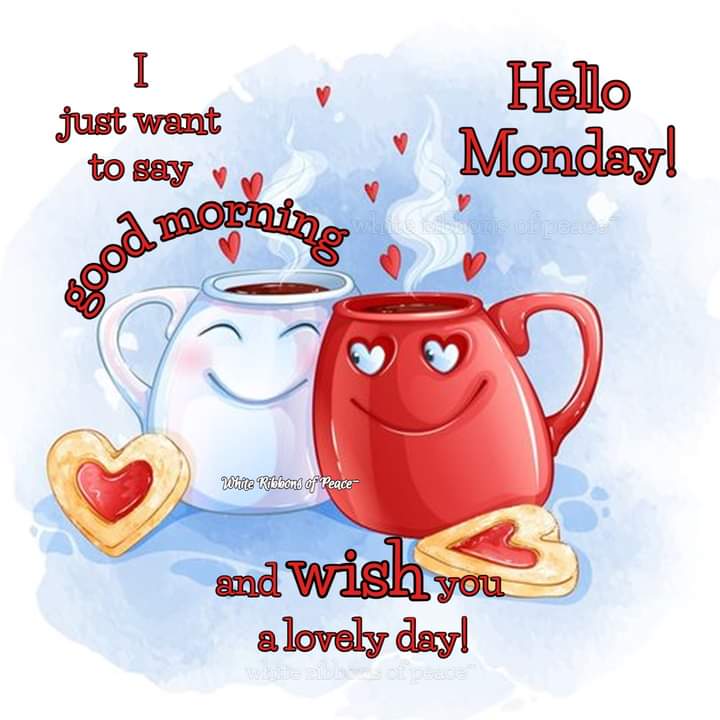 Two cartoon coffee mugs, one white and one red, smiling with heart cookies and Monday greeting text