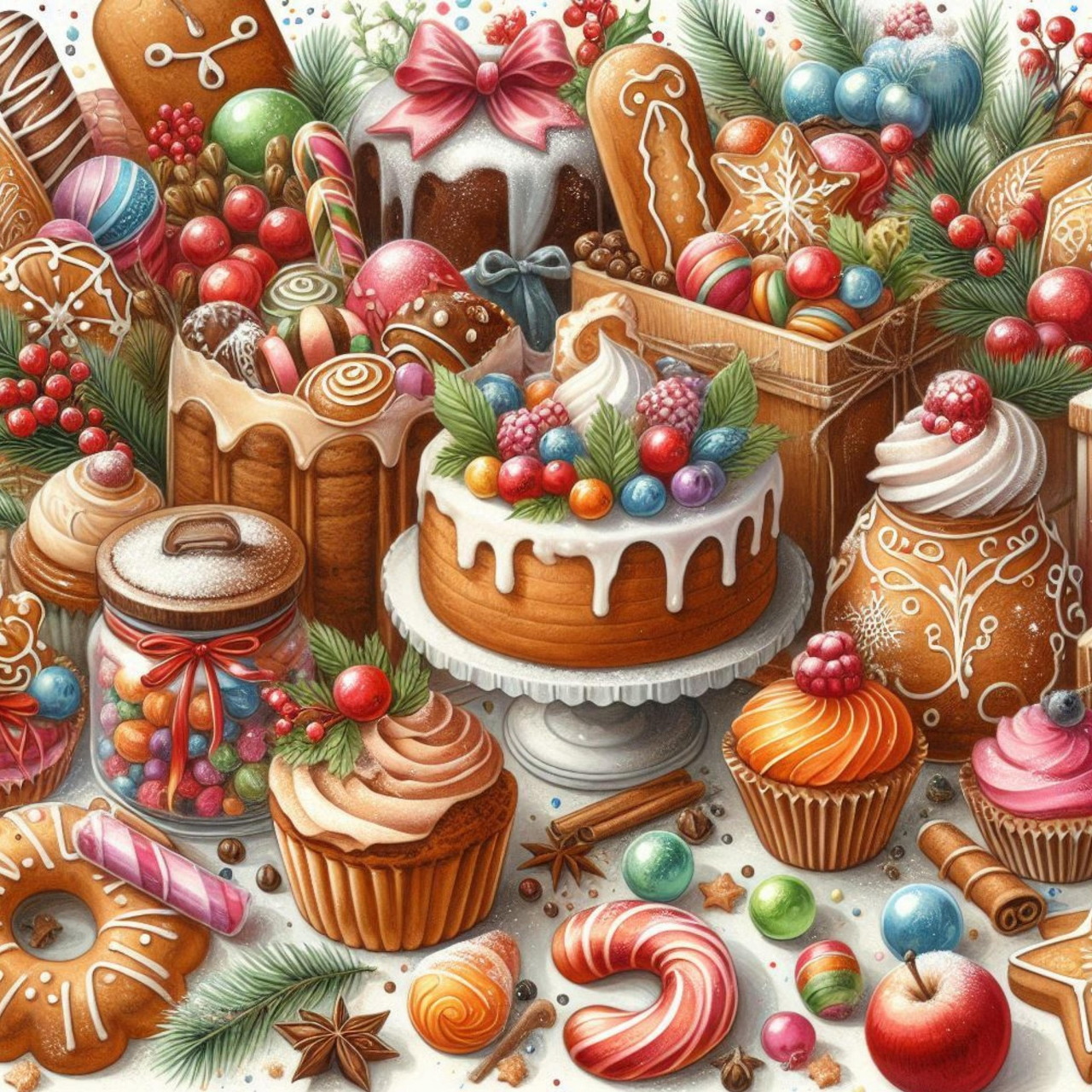 Assorted Christmas desserts including gingerbread cookies, frosted cakes, cupcakes, and holiday candies