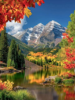 Maroon Bells mountains with snow-capped peaks reflected in a lake surrounded by colorful autumn trees