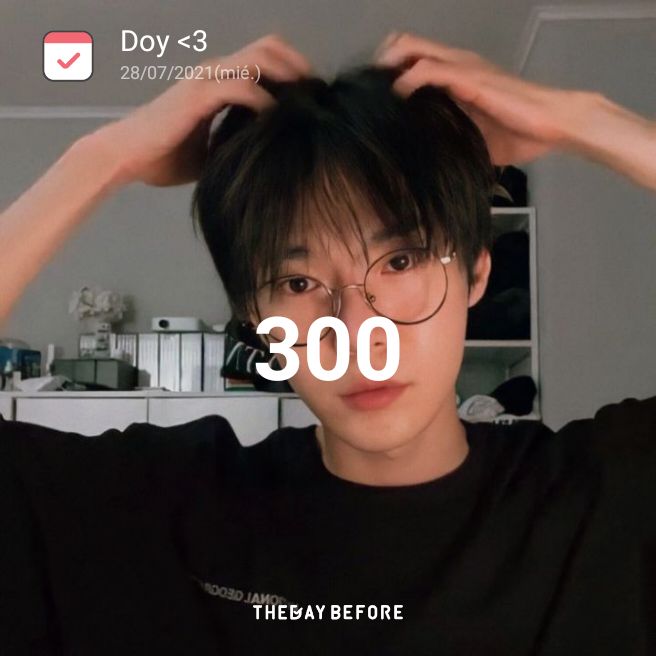 Young man with glasses lifting his hair indoors with large 300 text overlay