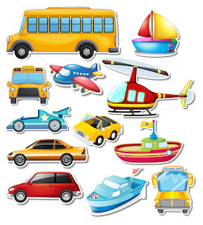 Colorful cartoon sticker-style transport vehicles including bus, car, boat, airplane, and helicopter